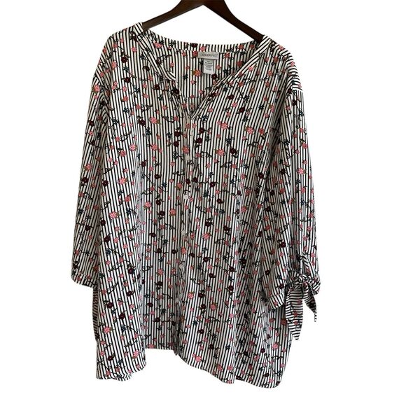 Catherines Womens Button Up Crinkle Top Size 4X Floral Striped Office Church - Picture 1 of 10